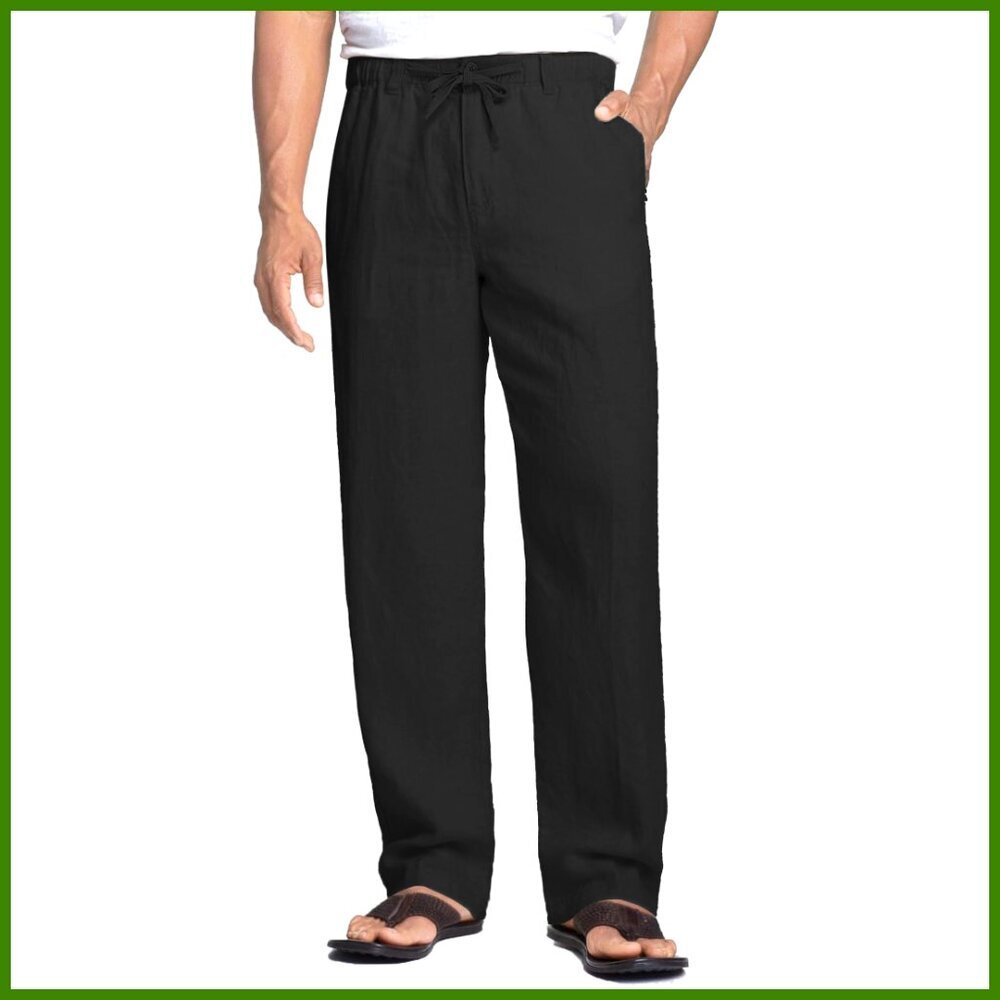 Men's Linen Pants Casual Beach Summer Elastic Waist Drawstring Lightweight